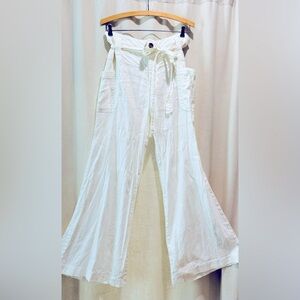 Anthropologie Wide Leg White Linen Pant with bow tie belt